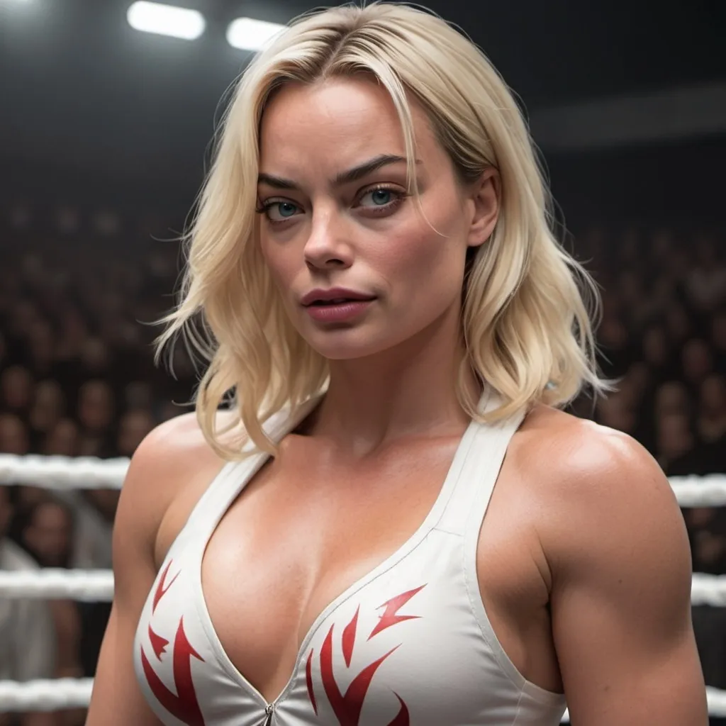 Prompt: in the wwe ring, muscular, made-up Margot Robbie, hands on her chest and at Artgerm, photorealism, Stanley Artgerm Lau, concept art