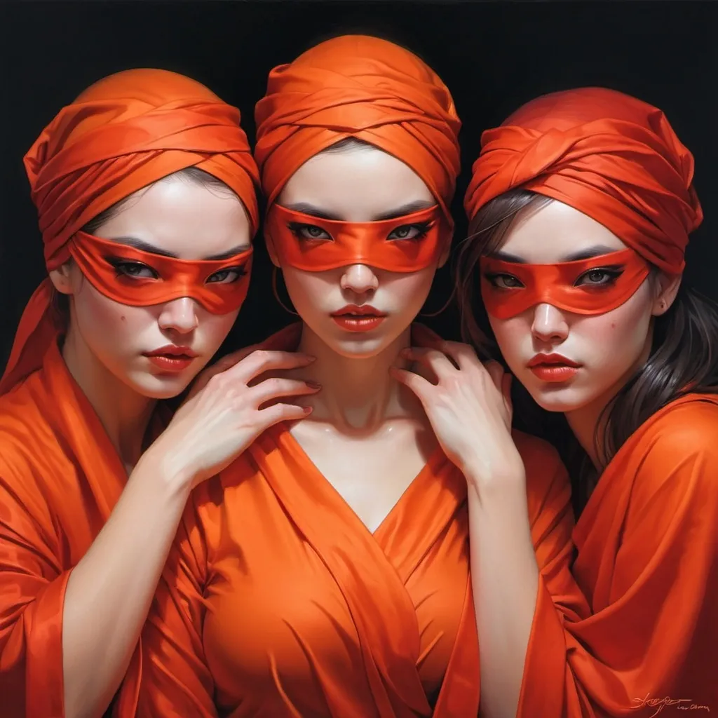 Prompt: three women with blindfolds on their faces and hands around their heads, all wrapped in orange and red fabric, Artgerm, fantasy art, stanley artgerm lau, cyberpunk art