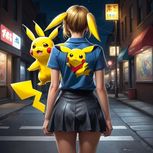 Prompt: pikachu woman in a short skirt and a pokemon shirt is standing on a street at night with her back turned, Artgerm, photorealism, ultra realistic digital art, a photorealistic painting