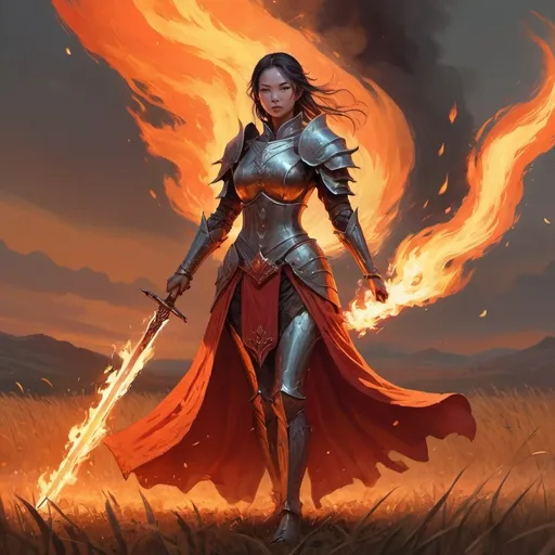 Prompt: a woman in a costume standing in a field of fire with a sword and a flame in her hand, Fan Qi, antipodeans, epic fantasy character art, concept art