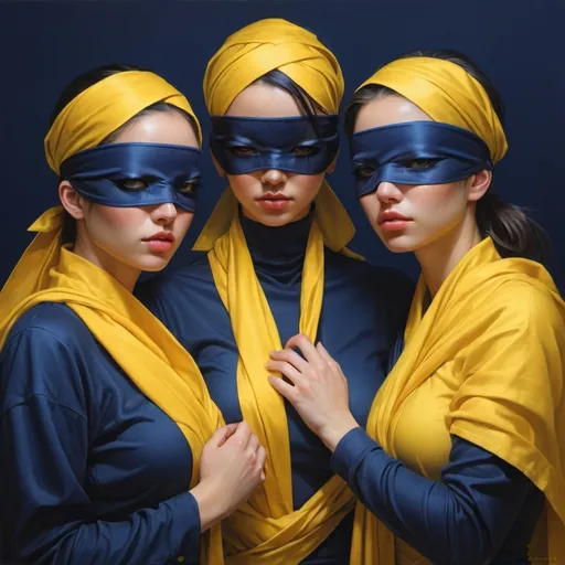 Prompt: three women with blindfolds on their faces and hands around their heads, all wrapped in yellow and navy blue
fabric, Artgerm, fantasy art, stanley artgerm lau, cyberpunk art