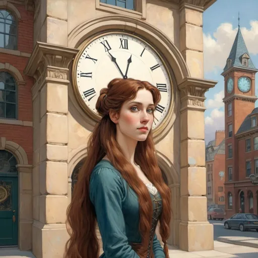 Prompt: a cartoon of a woman with very long hair and a ponytail standing in front of a building with a clock, Ann Thetis Blacker, pre-raphaelitism, kinkade, a character portrait