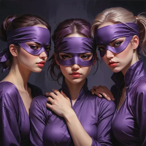 Prompt: three women with blindfolds on their faces and hands around their heads, all wrapped in dark purple fabric, Artgerm, fantasy art, stanley artgerm lau, cyberpunk art