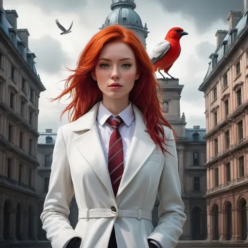 Prompt: a woman with red hair and a white coat and tie standing in front of a building with a red bird flying overhead, Aleksi Briclot, neo-romanticism, yukito kishiro, a character portrait