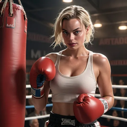 Prompt: Margot Robbie with braided hair in a boxing ring with boxing gloves on her chest and a punching bag in Artgerm, photorealism, stanley artgerm lau, concept art