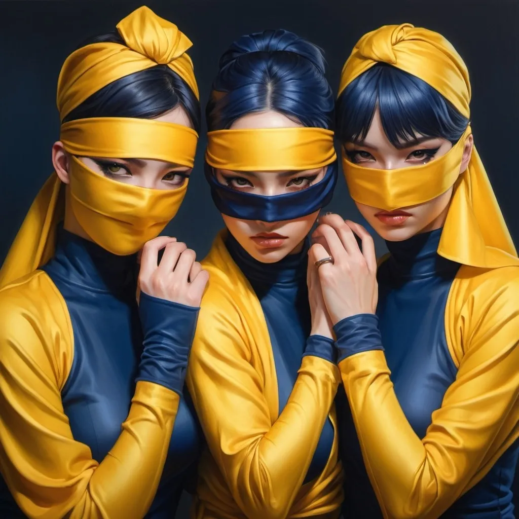 Prompt: three women with blindfolds on their faces and hands around their heads, all wrapped in yellow and navy blue
fabric, Artgerm, fantasy art, stanley artgerm lau, cyberpunk art