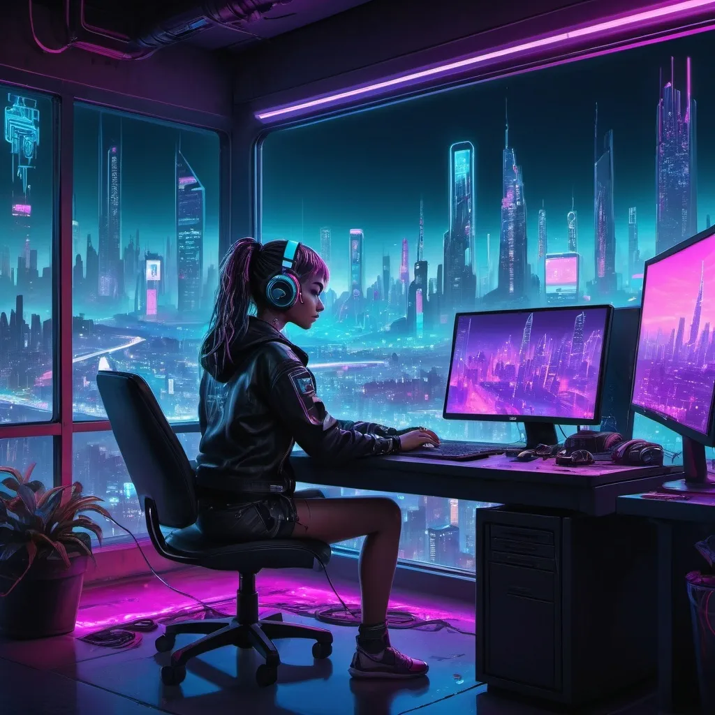 Prompt: a girl is sitting at a desk with a laptop and headphones on, in front of a window with a city skyline, Aya Goda, computer art, city background, cyberpunk art