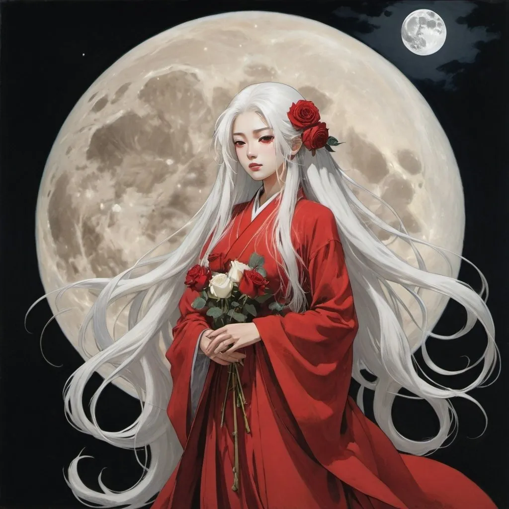 Prompt: a woman in a red dress with long white hair and a rose in her hair, standing in front of a full moon, Chizuko Yoshida, vanitas, dark background, a detailed painting