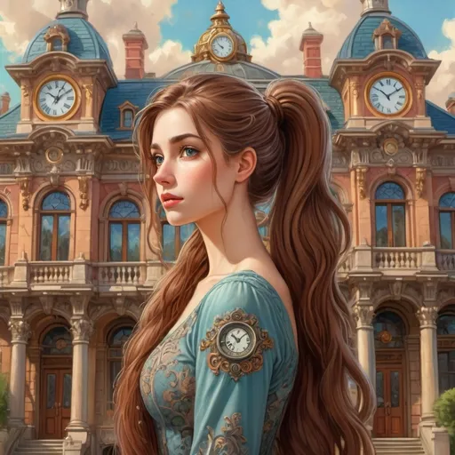 Prompt: a cartoon of a woman with very long hair and a ponytail standing in front of a building with a clock, Ann Thetis Blacker, pre-raphaelitism, kinkade, a character portrait