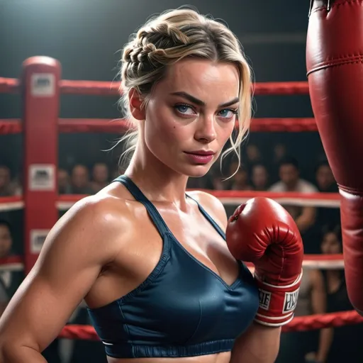 Prompt: Muscular Margot Robbie with braided hair and make-up in the boxing ring, boxing gloves on her chest and a punching bag at Artgerm, photorealism, Stanley Artgerm Lau, concept art