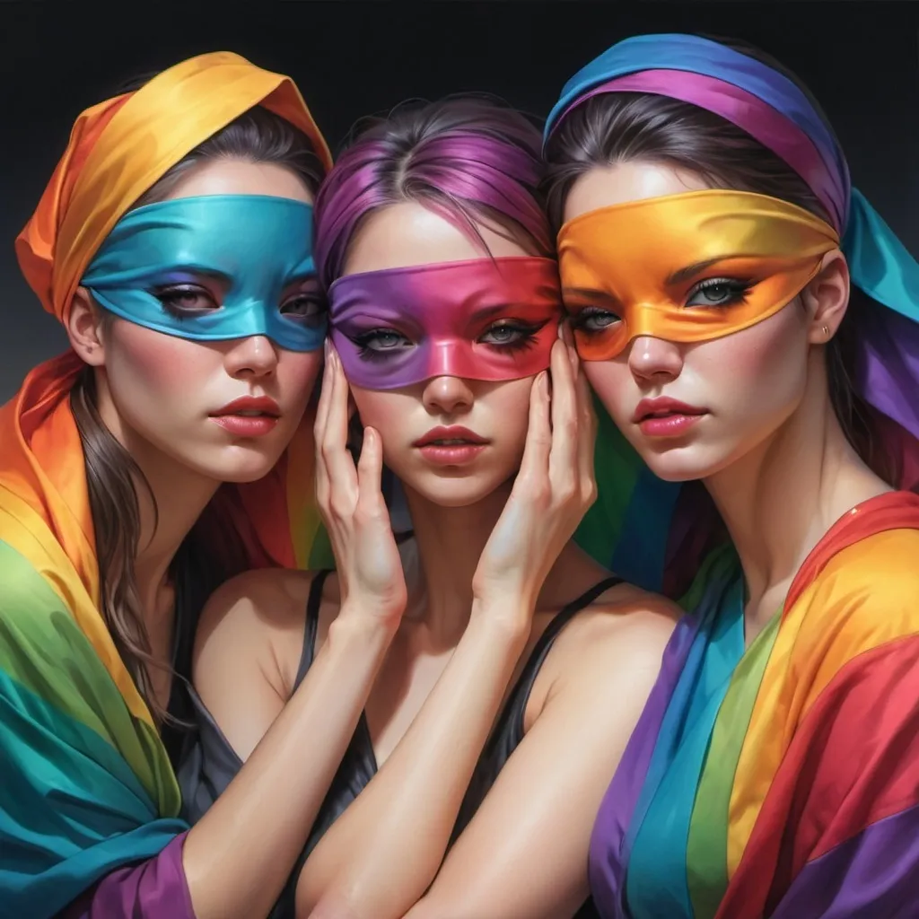 Prompt: three women with blindfolds on their faces and hands around their heads, all wrapped in rainbow fabric, Artgerm, fantasy art, stanley artgerm lau, cyberpunk art