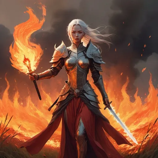 Prompt: a woman in a costume standing in a field of fire with a sword and a flame in her hand, Fan Qi, antipodeans, epic fantasy character art, concept art