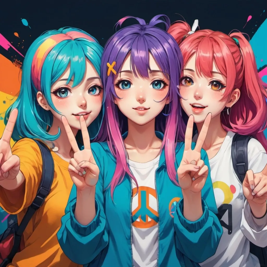 Prompt: three girls with different hair colors and one has a peace sign in front of her face and the other has a peace sign in front of her, Ay-O, rayonism, anime girl, an anime drawing