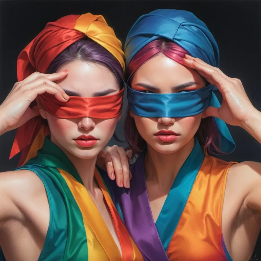 Prompt: three women with blindfolds on their faces and hands around their heads, all wrapped in pride colors fabric, Artgerm, fantasy art, stanley artgerm lau, cyberpunk art