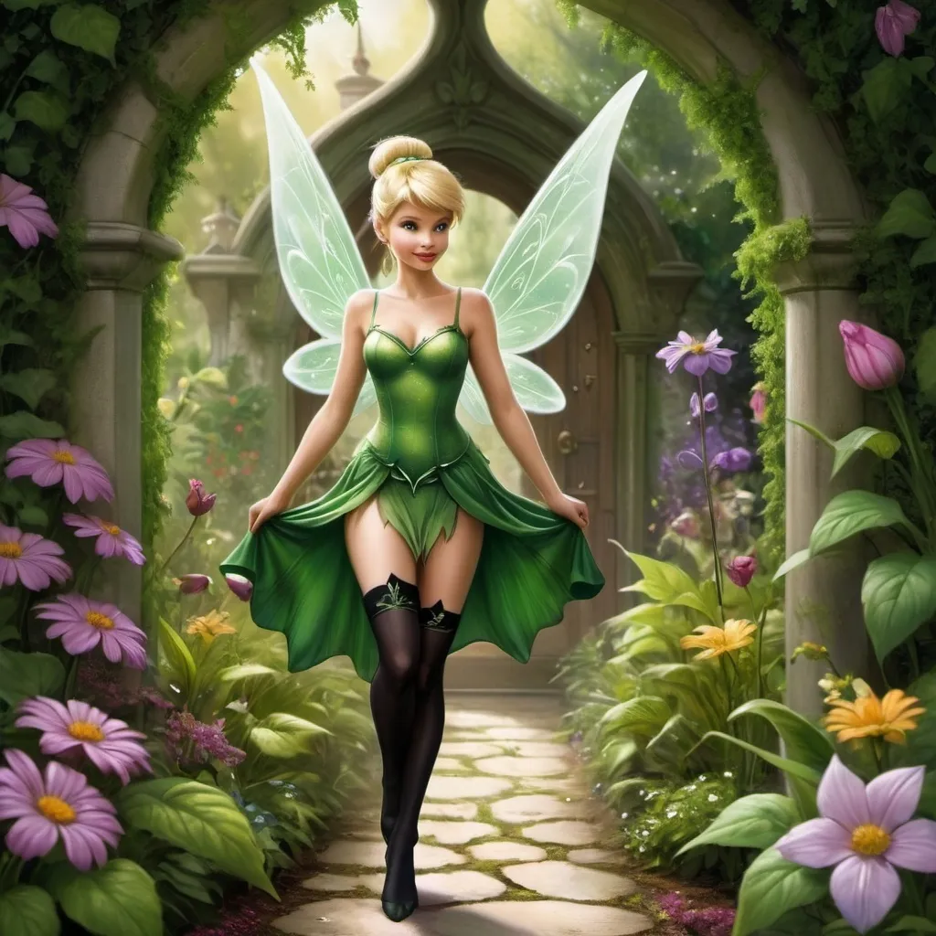 Prompt: Tinker Bell with a green dress, black stockings and wings walking through a garden of flowers and plants in front of a doorway, Anne Stokes, fantasy art, fantasy style, a digital rendering