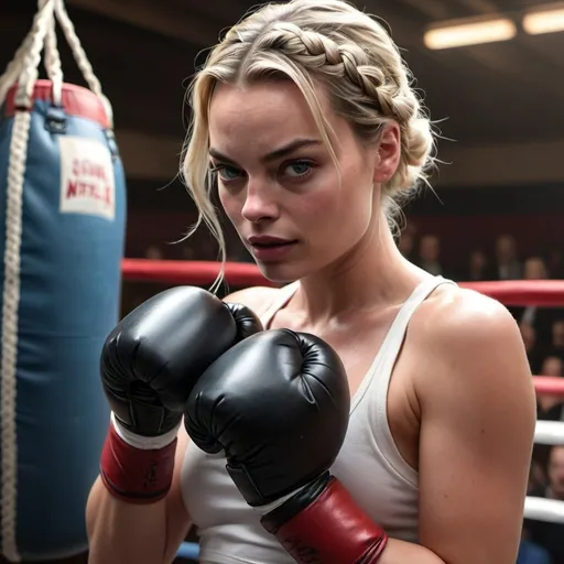 Prompt: Margot Robbie with braided hair in a boxing ring with boxing gloves on her chest and a punching bag in her hand, with a man in the background, Artgerm, photorealism, stanley artgerm lau, concept art