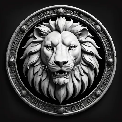 Prompt: Black and white circular heraldic emblem featuring a lion's head at the center, 'in spem contra spem' written around the edge, detailed mane and regal expression, monochromatic color scheme, high contrast, vintage engraving style, circular emblem, bold typography, high quality, monochrome, detailed lion's eyes, vintage, regal lighting