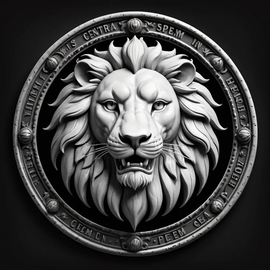 Prompt: Black and white circular heraldic emblem featuring a lion's head at the center, 'in spem contra spem' written around the edge, detailed mane and regal expression, monochromatic color scheme, high contrast, vintage engraving style, circular emblem, bold typography, high quality, monochrome, detailed lion's eyes, vintage, regal lighting