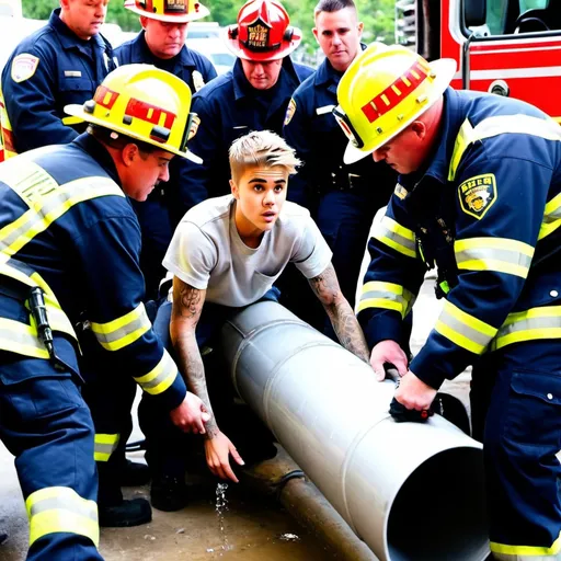 Prompt: Justin Bieber stuck in a clear pluming pipe with firefighters around him in the pipe discussing on how pull him out of the tube without injuring him.