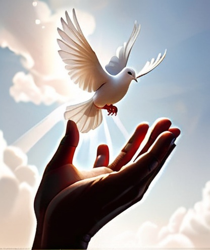 Prompt: Hands open towards heaven, while a dove descends into the hands.