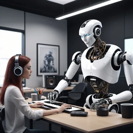 Prompt: a robo and a human making music, in a digital office, realistic 4k