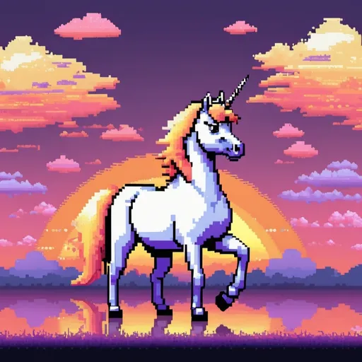 Prompt: 8 bit cloud coded unicorn background with javascriped utf8 coded sunset