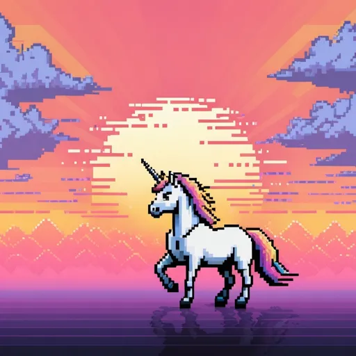 Prompt: 8 bit cloud coded unicorn background with javascriped utf8 coded sunset