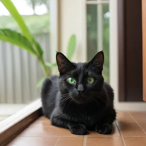 Prompt: crie um gato preto de olho verde na janela de uma casa