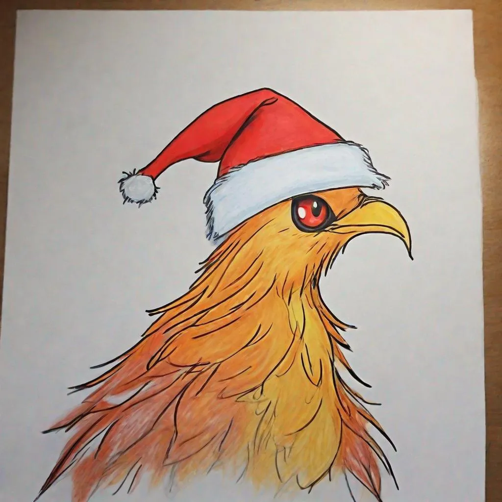 Prompt: Draw a picture of a phoenix with a christmas hat on
