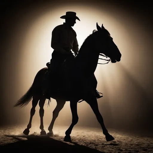 Prompt: Backlit photo of a man on horse. Silhouette, dramatic, artistic, shadowy