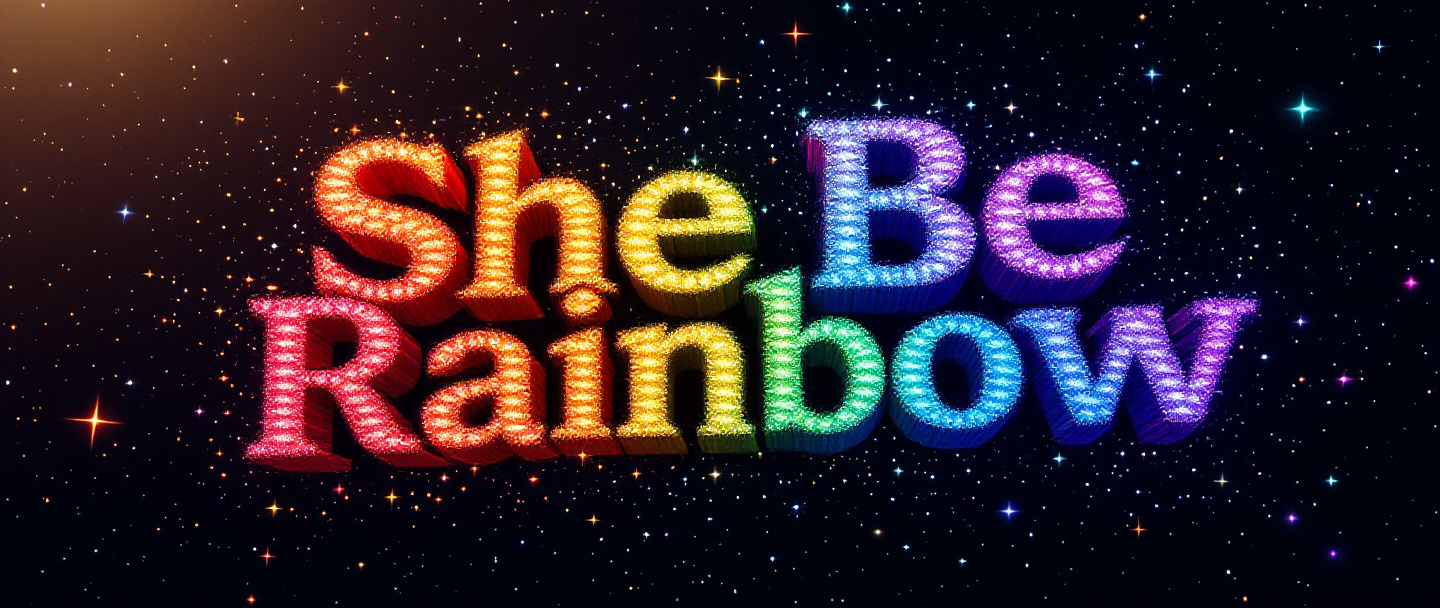 Prompt: An Image of the slogan, "SheBeRainbow" sized to fit Facebook and twitch profiles. The letters are rainbow fractalistic with depth. In the background there are tiny shiny outer space stars. 