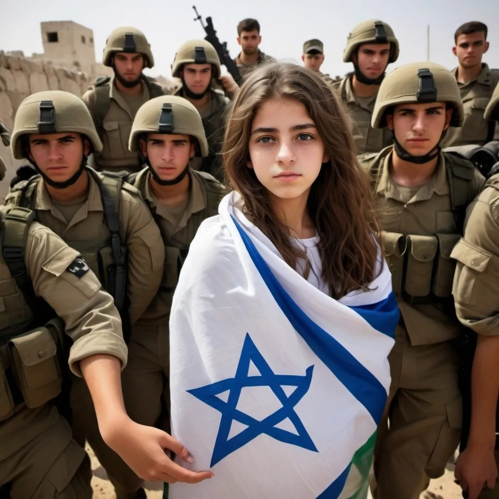 Prompt: Create a picture of a 16-year-old girl wrapped in an Israeli flag surrounded by soldiers fighting against Gaza