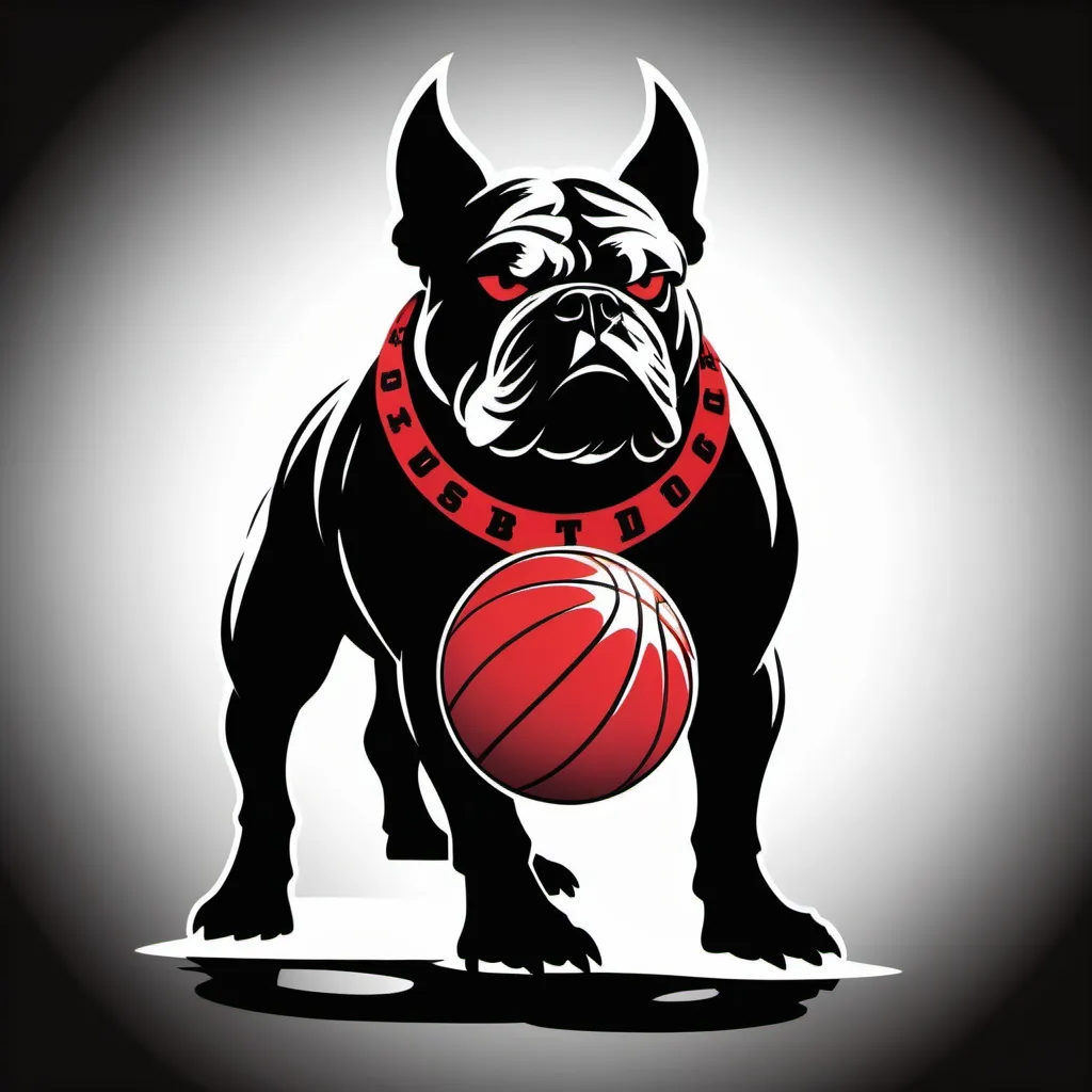 Prompt: silhoutte of an intimidating bulldog with red eyes wearing a spikey collar basketball logo