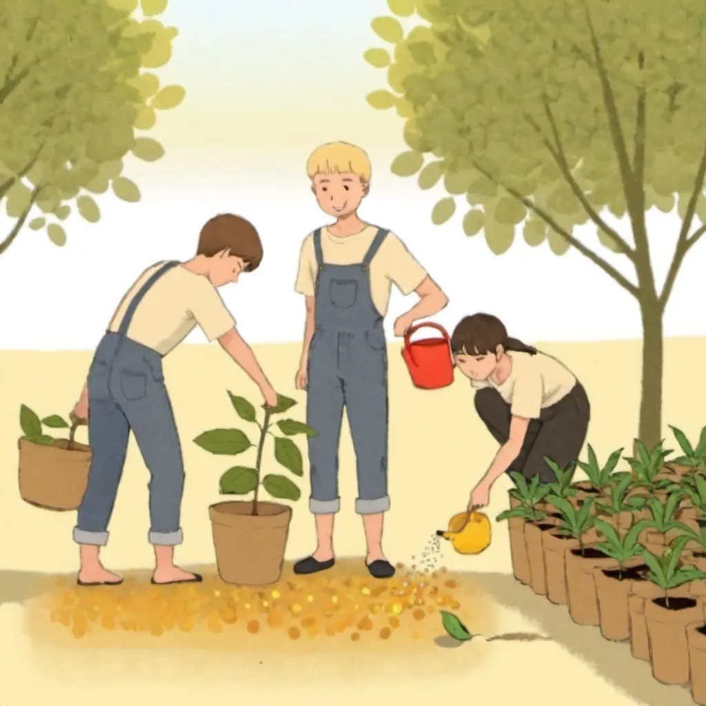 Prompt: 3 people collecting fruits, plants. And watering crops