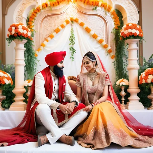 Prompt: (watercolor painting), (sikh bride and groom), elegantly adorned in traditional attire, vibrant colors, intricate details, amidst a beautiful wedding altar, romantic ambiance, lush floral arrangements in the background, soft lighting creating a warm atmosphere, ultra-detailed, artistic masterpiece, enchanting celebration of love and commitment.