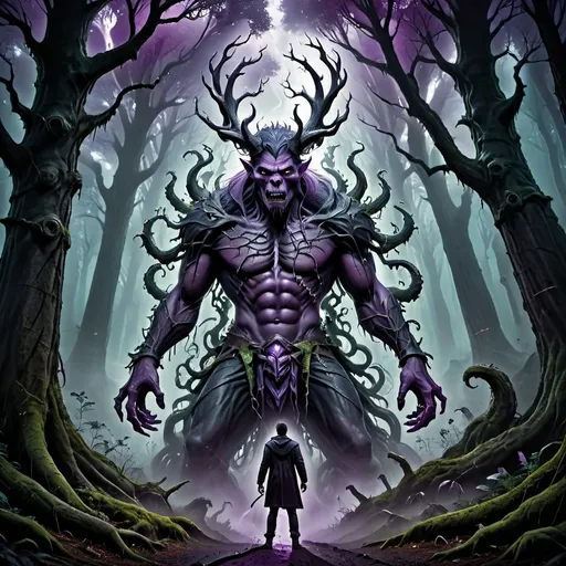 Prompt: (mystical forest, a man surrounded by menacing evil monsters, dark and twisted trees, eerie mist swirling around, haunting shadows, intense emotional atmosphere, vibrant hues of green and purple creating a supernatural vibe, high-quality, ultra-detailed, cinematic style, dramatic lighting casting ominous reflections, portray tension and fear).