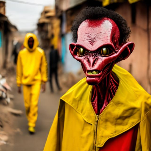 Prompt: An alien in Ethiopian street wearing yellow and red jacket 