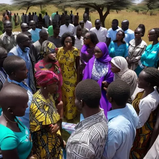 Prompt: AFRICAN People sited in the form of a Meeting baraza surrounding one person who seems to be creating awareness and educating on access to justice matters.