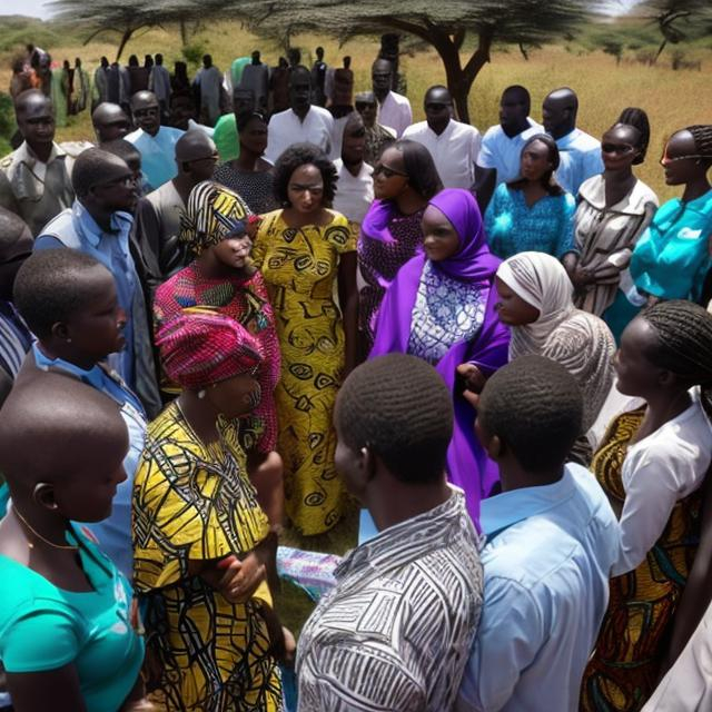 Prompt: AFRICAN People sited in the form of a Meeting baraza surrounding one person who seems to be creating awareness and educating on access to justice matters.