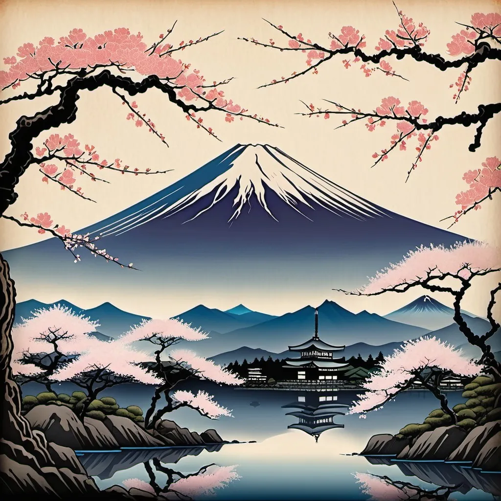 Prompt: old japanese art of mount fuji with cherry blossom tree