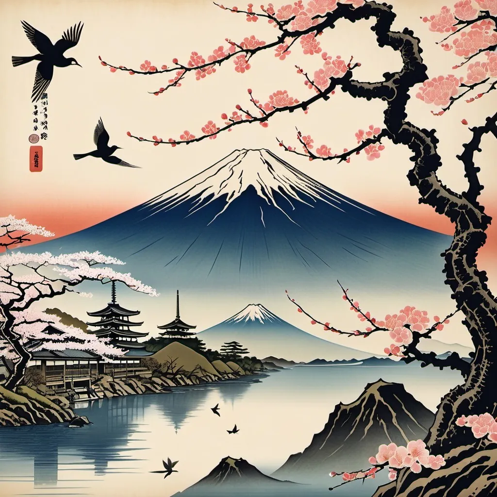 Prompt: old japanese art of mount fuji with cherry blossom tree with japanese birds

