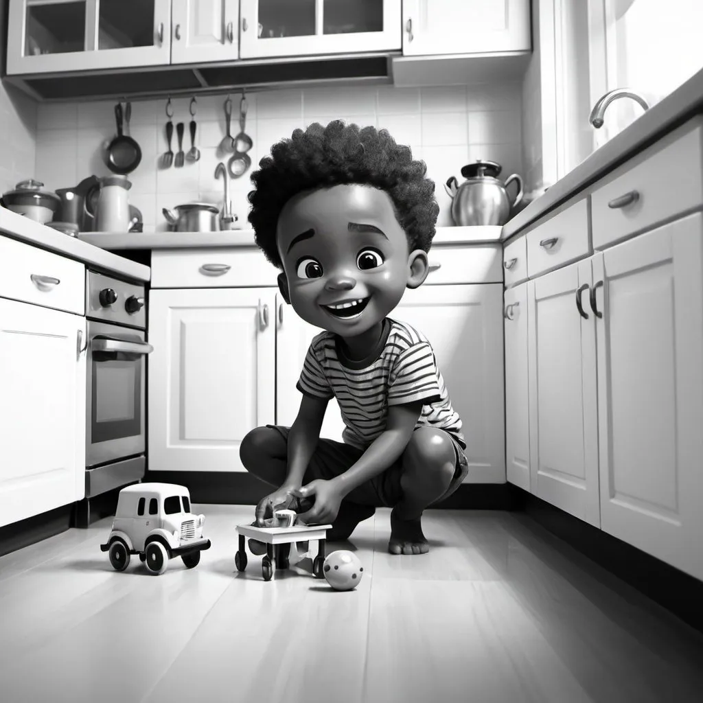 Prompt: happy cartoon black boy playing with toy under kitchen table.  In black and white.
