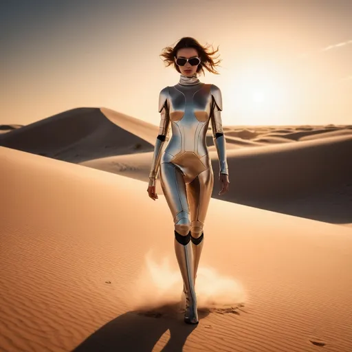 Prompt: A breathtaking, high-resolution image captures the essence of a futuristic scene reminiscent of sci-fi fashion. A confident woman strides towards the camera, her silhouette illuminated by the warm orange light of a setting sun against a backdrop of vast white sand dunes. The phantom high-speed camera captures every intricate detail, emphasizing the soft natural light and volumetric atmosphere. The chiaroscuro technique and high dynamic range contribute to the ultra-realistic and immersive visual experience., fashion, poster, cinematic, photo, portrait photography