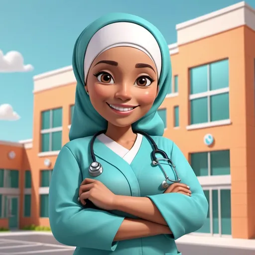 Prompt: (Cartoon 3D illustration of a midwife), (confident and approachable pose), wearing a hijab and medical scrubs, smiling warmly, set against a (bright, cheerful hospital backdrop), emphasizing a friendly, inviting atmosphere. The image should be (vibrant), (fun), and (visually appealing), showcasing the essence of health and positivity in a well-defined, (high-quality 3D style).
