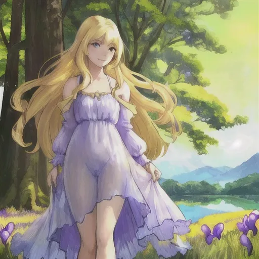 Prompt: Beautiful, blond woman, 30, small smile, long hair, standing in sky blue sheer dress, low cut, in wood with purple crocuses.  Surrounded by yellow butterlies.  In background, a many Trees, in focus, with yellow flowers and lake in distance.  Sunlight through trees, illuminating the woman.