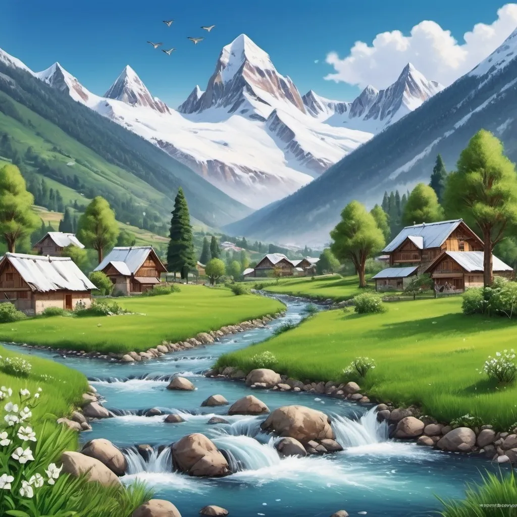 Prompt: This scene is of a very beautiful valley. The snow capped mountains are looking like the snow is as soft as cotton and freshly fallen . The valley is full of greenery and flora and fauna . The hills are filled with with pine trees which are as tall as eiffel tower. The fresh water stream which is coming from thee mountains is home to many beautiful and facinating fishes