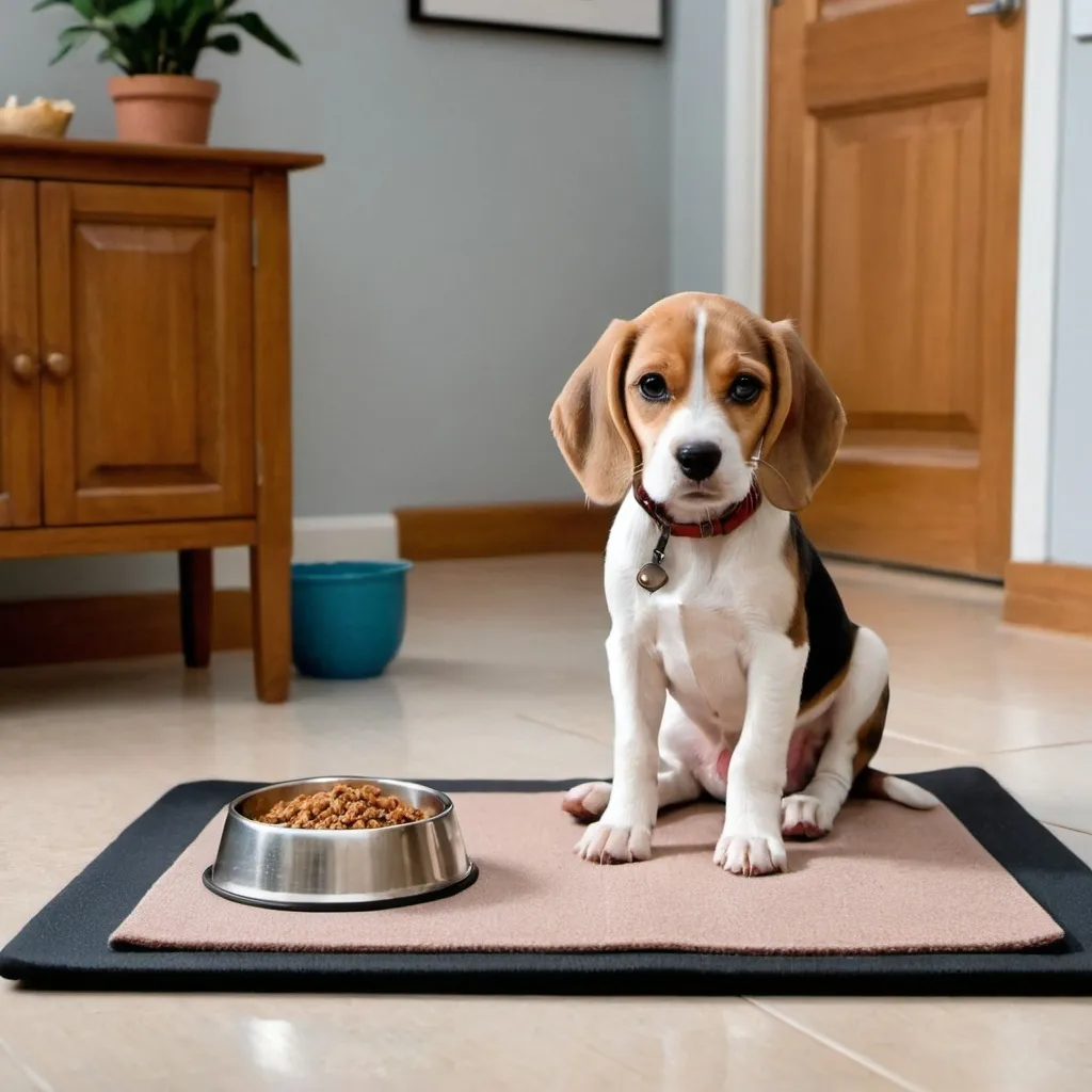 Prompt: a picturer of a beagle puppy sitting and relaxing on a mat . The food bowl is kept near him .His name his milo . he sitting ina a very luxury house . A person is coming towards him from a distance