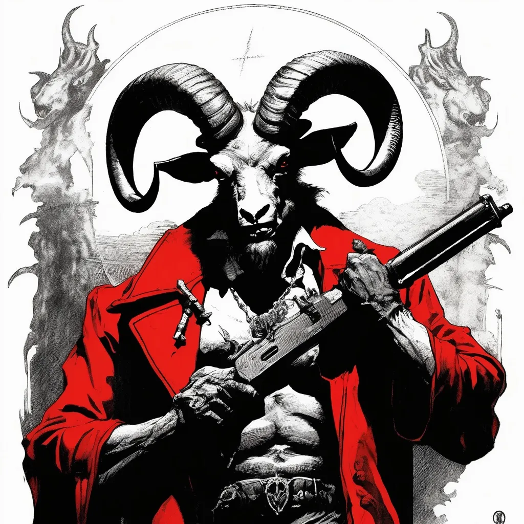 Prompt: B&W frazetta art, an anthropomorphic full black Satanic ram with 4 horns wearing a red suit, based on Satanism and is obscurantism, paganism and baphomet, holding a double-barreled shotgun , detailed, high quality