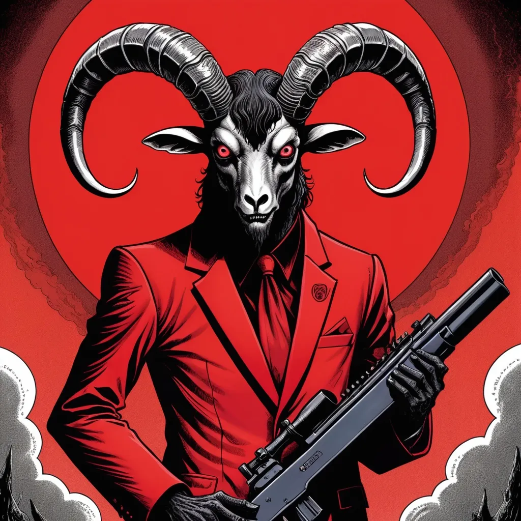 Prompt: Junji Ito manga style, an anthropomorphic full black Satanic ram with 4 horns wearing a red suit, based on Satanism and is obscurantism, paganism and baphomet, holding a double-barreled shotgun, manga scene