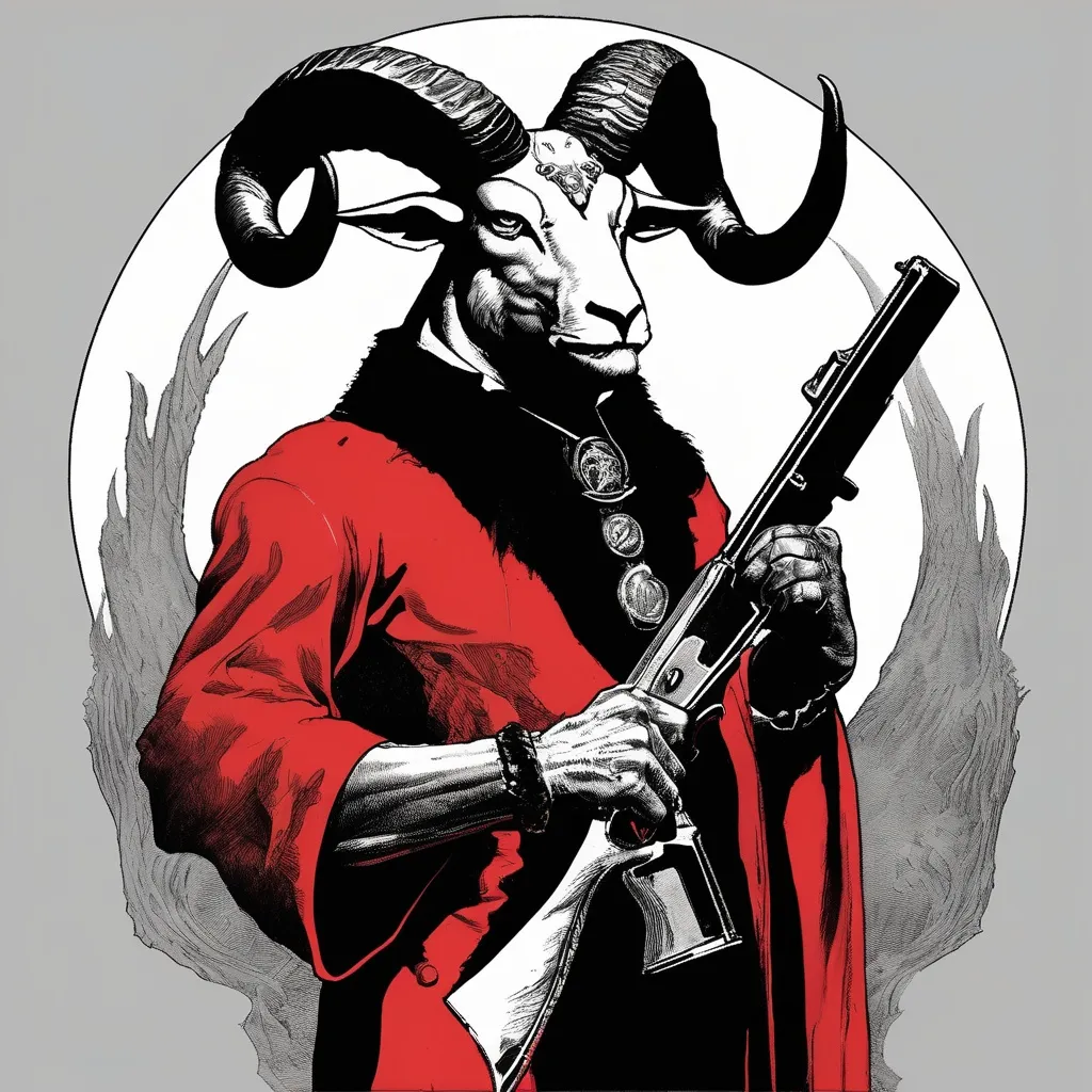 Prompt: B&W frazetta art, an anthropomorphic full black Satanic ram with 4 horns wearing a red suit, based on Satanism and is obscurantism, paganism and baphomet, holding a double-barreled shotgun , detailed, high quality, multiple horns